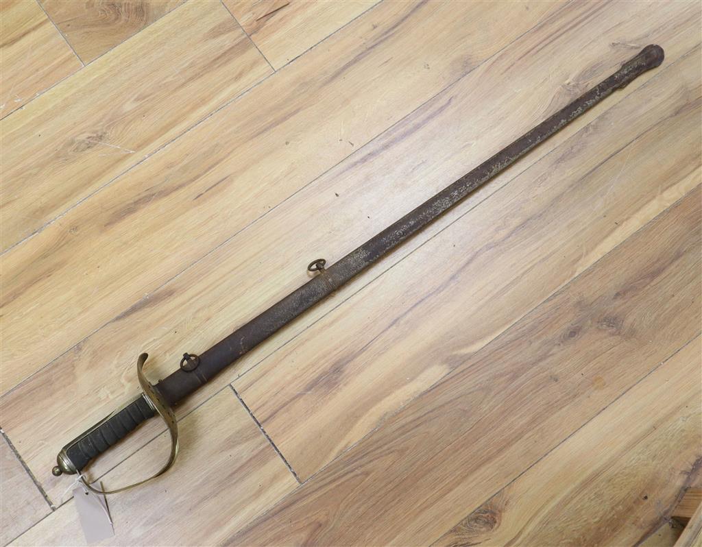 A George V Infantry officers sword, 1895 pattern, makers S J Kitchin, Sheffield, with steel scabbard, 82cm straight single-etched blad